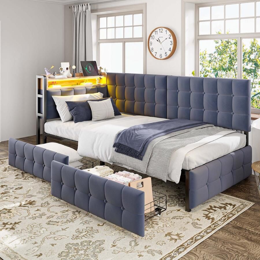 Gutent Slaapbank 90 X 200 cm met 2 laden LED bedlampje USB en C-poorten Grijs Zonder matras