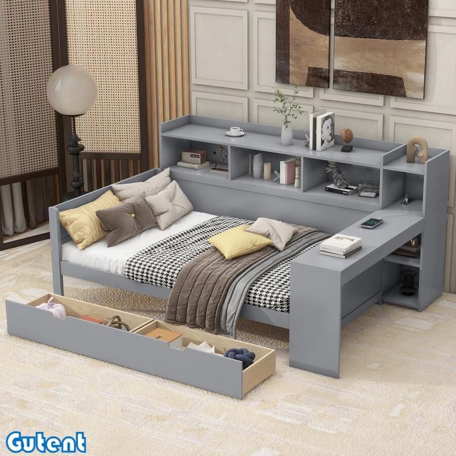 Gutent Slaapbank -90 x 200 cm -met aansluiting -USB -2 laden -Zonder matras -Spaanplaat Grijs Opslagruimte
