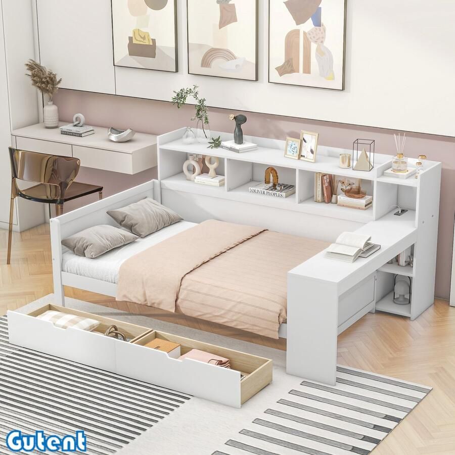 Gutent Slaapbank -90 x 200 cm -met aansluiting -USB -2 laden -Zonder matras -Spaanplaat Wit- Opslagruimte