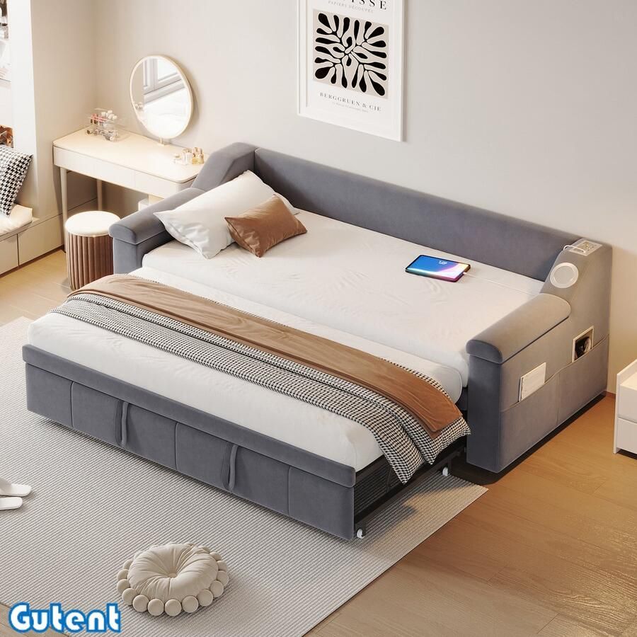 Gutent Slaapbank 90 180*190 cm met slimme Bluetooth-stereo met USB-oplaadaansluiting Opbergruimte Fluweel Grijs Geen matras