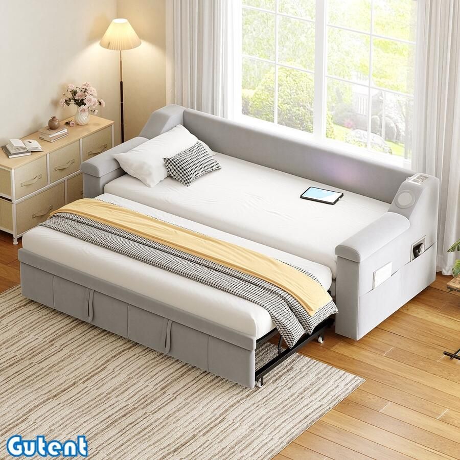 Gutent Slaapbank 90 180*190 cm met slimme Bluetooth-stereo met USB-oplaadaansluiting Opbergruimte Fluweel Lichtgrijs- Geen matras