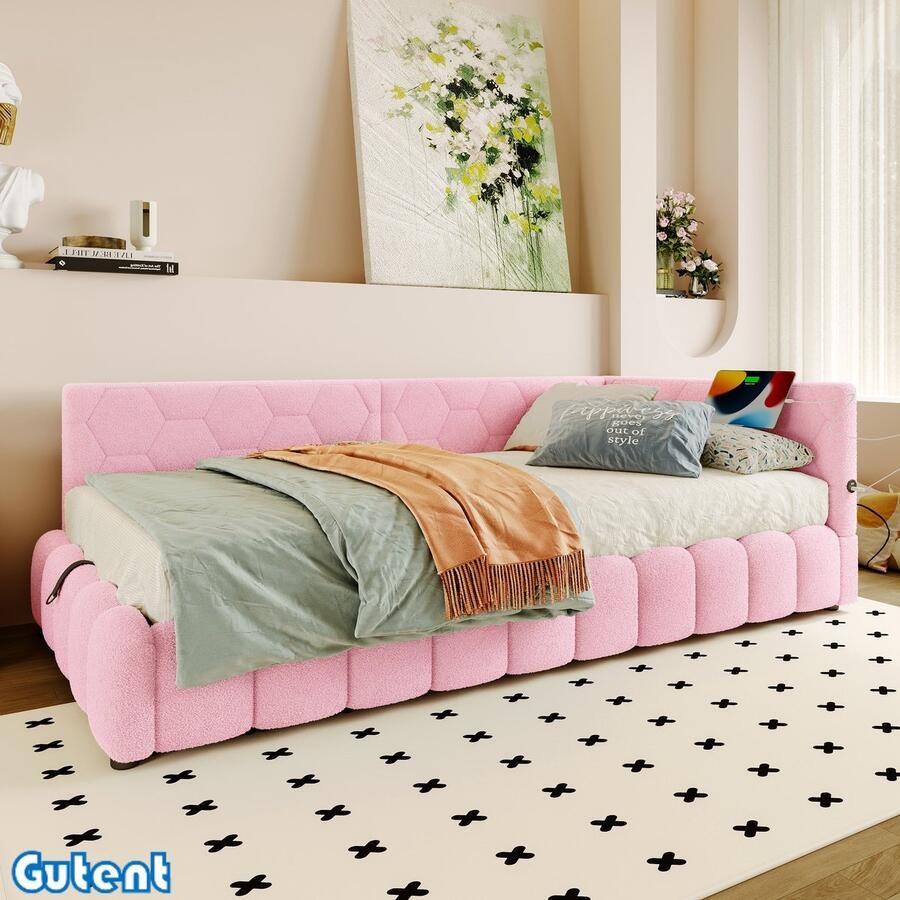 Gutent Slaapbank-90*200 cm-met lattenbodem (matras niet inbegrepen)-met LED-lichtlijst-met hydraulisch hefmechanisme-USB-aansluiting-Type-C-Kunstwol-Roze