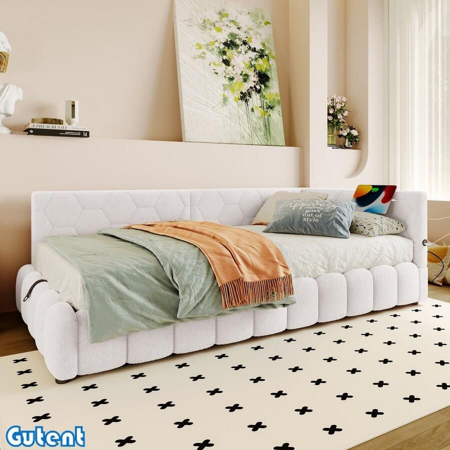 Gutent Slaapbank-90*200 cm-met lattenbodem (matras niet inbegrepen)-met LED-lichtlijst-met hydraulisch hefmechanisme-USB-aansluiting-Type-C-Kunstwol-Wit