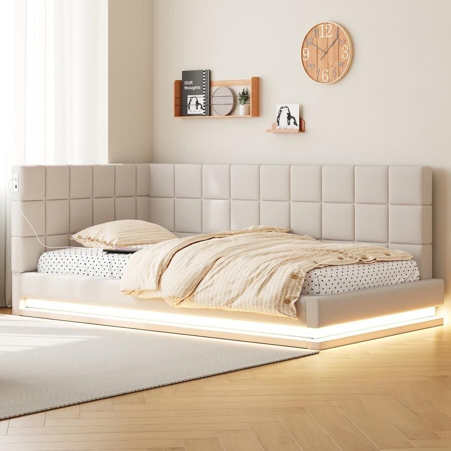 Gutent Slaapbank-90*200 cm-met led-lichtlijst-USB-aansluiting-lattenbodem-Beige-velours stof-Geen matras