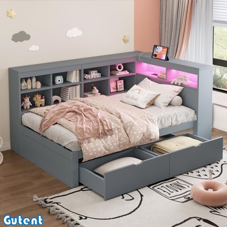 Gutent Slaapbank 90*200 cm met opbergvak met USB en LED-strip Eenpersoons houten bed Grijs- Zonder matras
