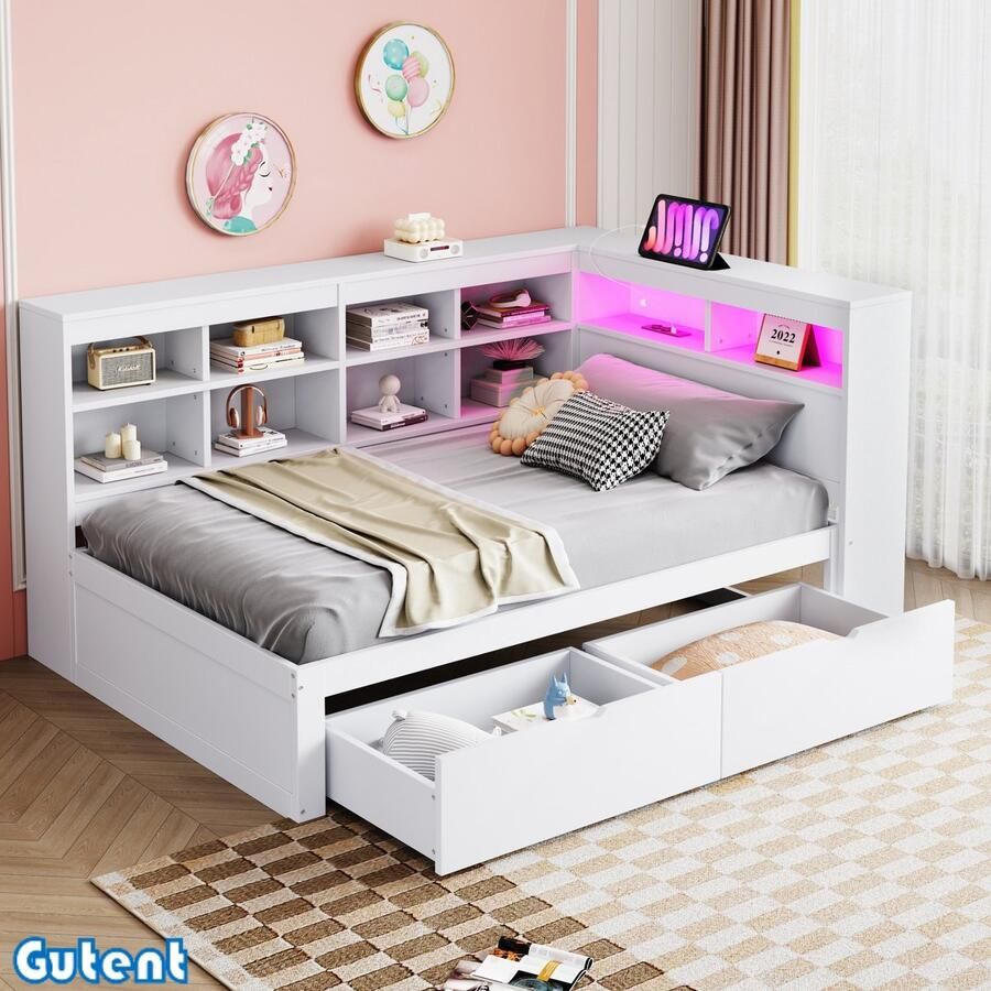Gutent Slaapbank 90*200 cm met opbergvak met USB en LED-strip Eenpersoons houten bed Wit Zonder matras
