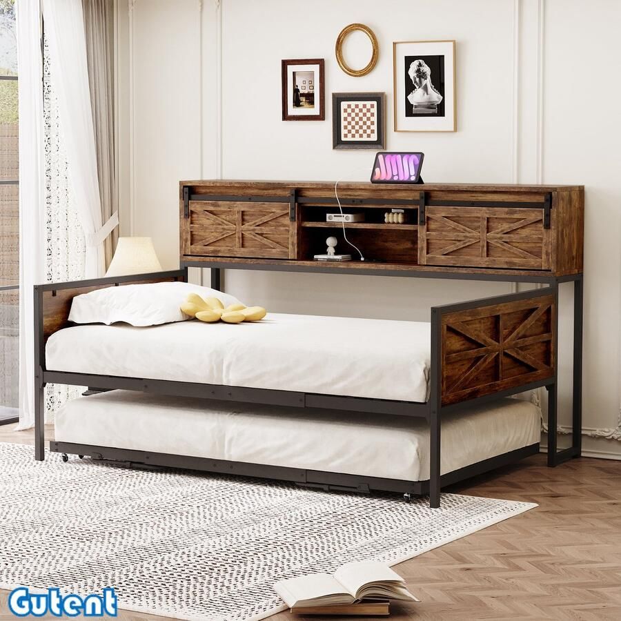 Gutent Slaapbank 90*200cm ijzeren frame opslagruimte multifunctionele stopcontact uittrekkbaar Bruin + Zwart- Zonder matras