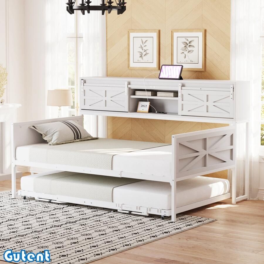 Gutent Slaapbank 90*200cm ijzeren frame opslagruimte multifunctionele stopcontact uittrekkbaar Wit Zonder matras