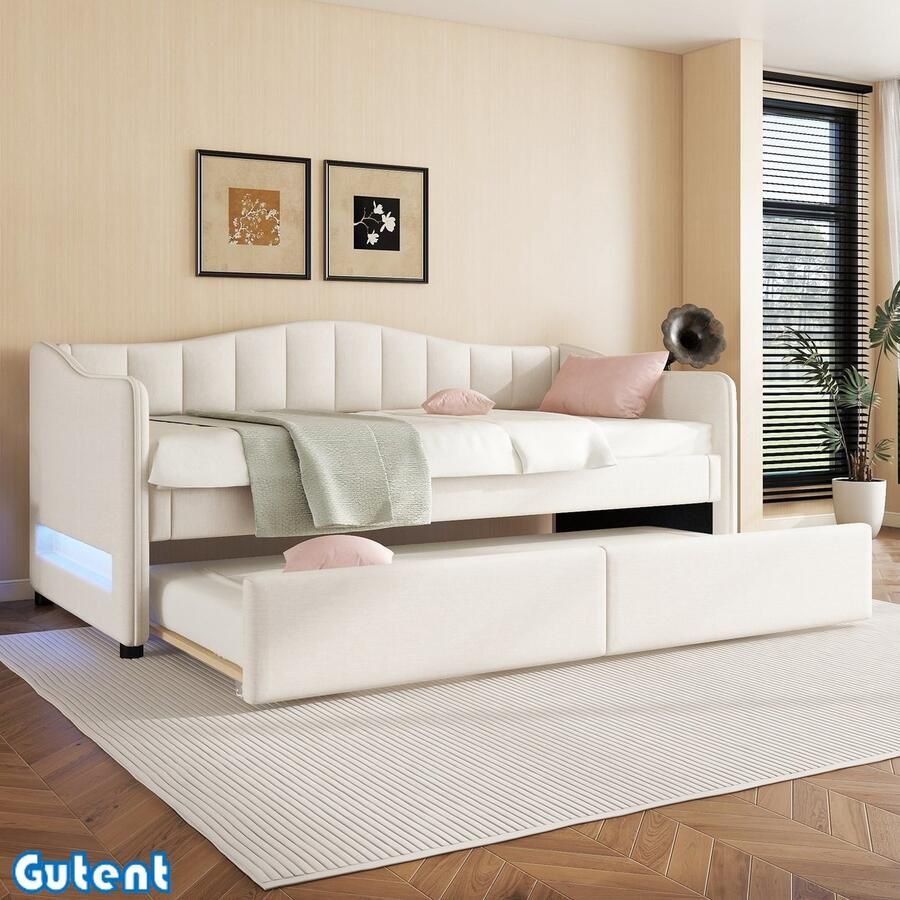 Gutent Slaapbank 90x200 cm met uitschuifbaar bed zonder matras Ambient Light design Linnen Beige