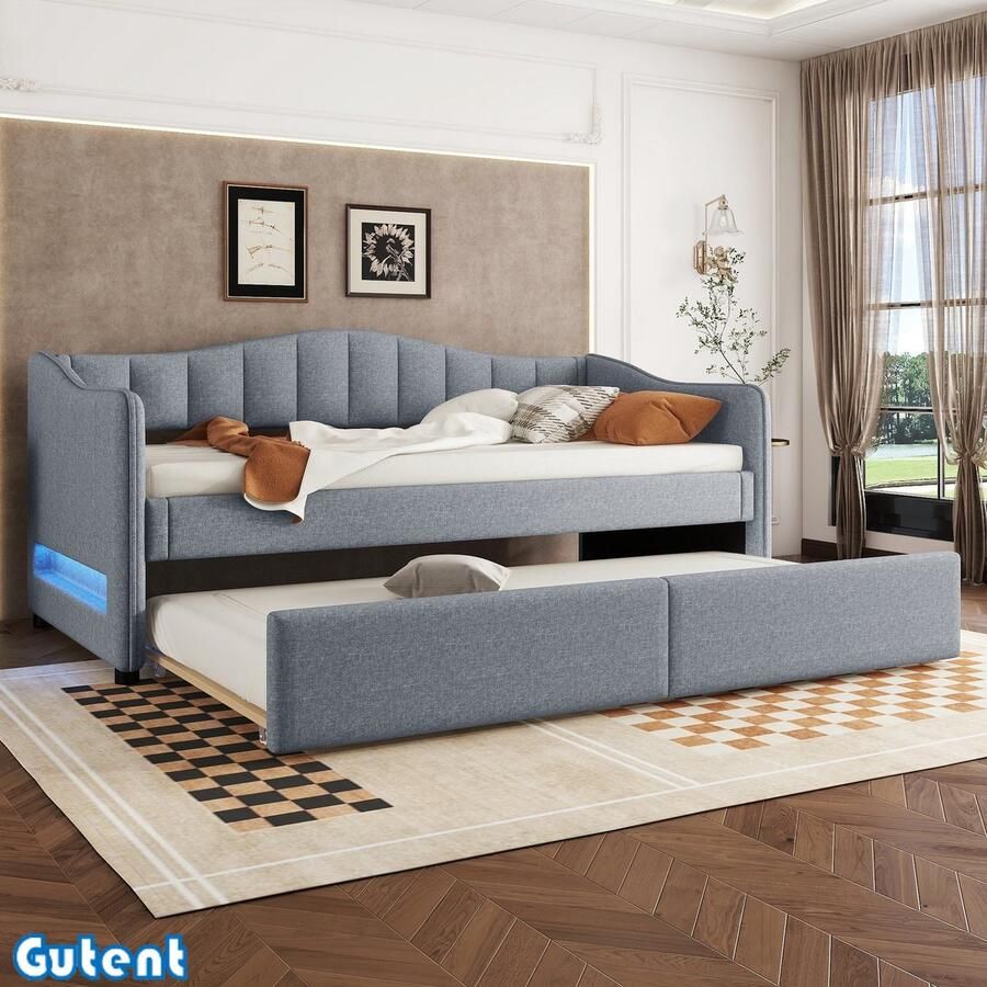 Gutent Slaapbank 90x200 cm met uitschuifbaar bed zonder matras Ambient Light design Linnen Grijs