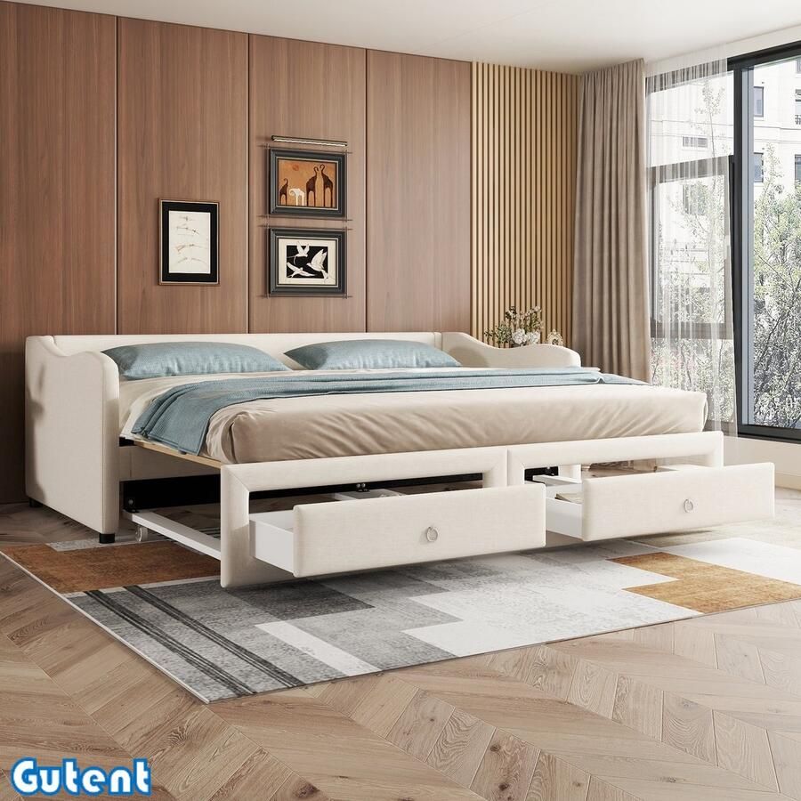 Gutent Slaapbank 90x200 cm- Uitschuifbed met twee laden- Geen matras- Linnen- Beige