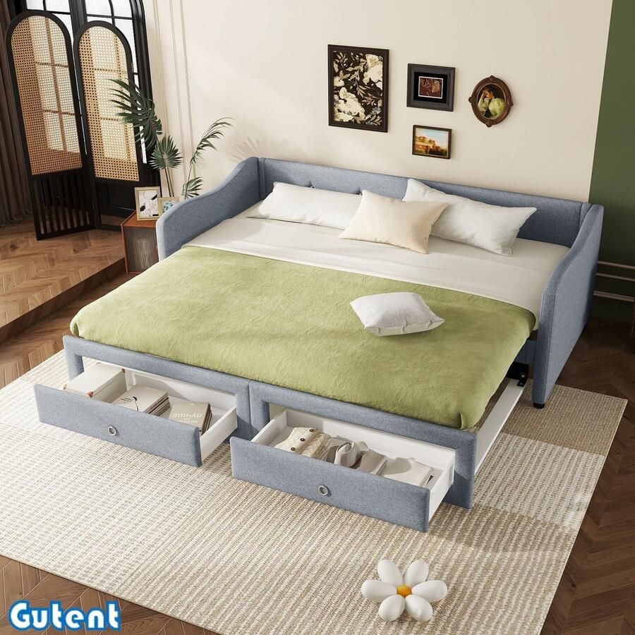 Gutent Slaapbank 90x200 cm- Uitschuifbed met twee laden- Geen matras- Linnen- Grijs