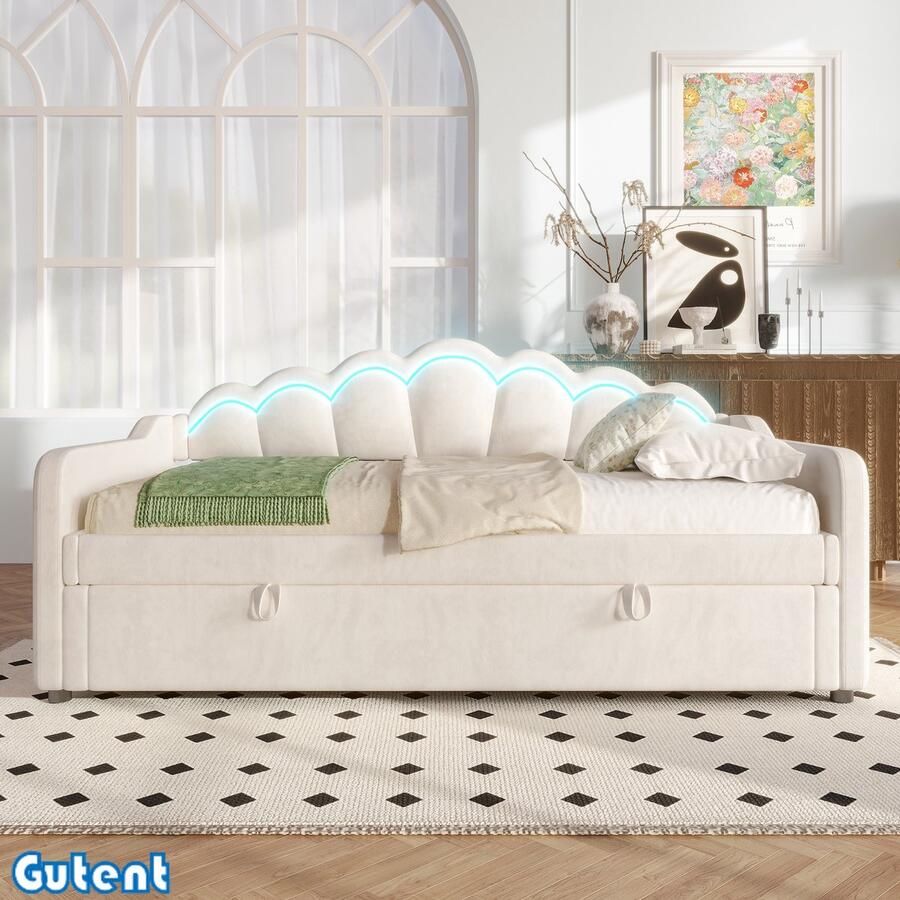 Gutent Slaapbank Hydraulisch bed met opbergruimte (zonder matras) Fluweel Kleur veranderende LED strip 90x200 cm Beige