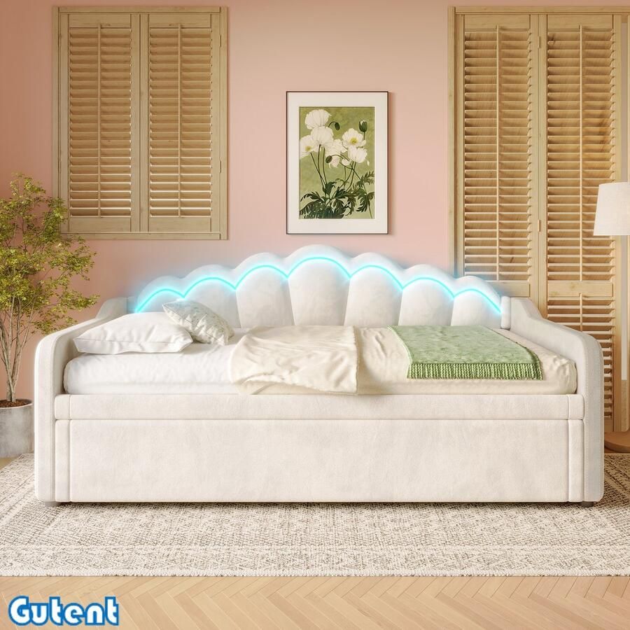 Gutent Slaapbank met uitschuifbaar bed Eenpersoonsbed (zonder matras) Fluweel Kleur veranderende LED-strip 90x200 cm (180x200 cm) Beige