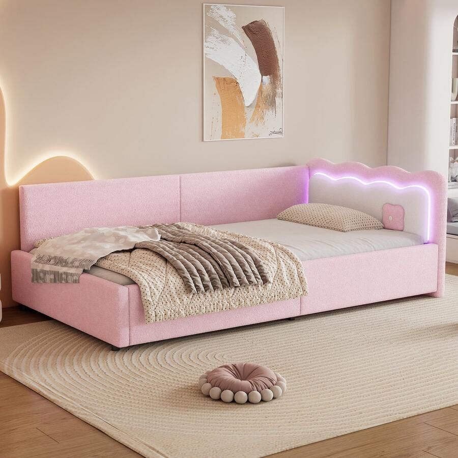 Gutent Slaapbank Roze (zonder matras) 90*200 cm LED-ambianceverlichting met afstandsbediening bed met lattenbodem imitatiewol