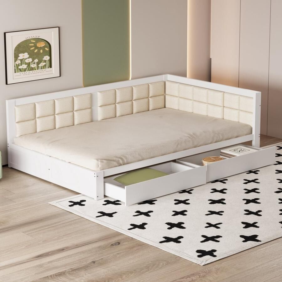 Sweiko Slaapbank Hout 140x200cm Multifunctioneel bed Zachte rugleuning vorm Grote opberglade Platte noedelslijst Eenpersoonsbed dennenhout Wit (Zonder matras)