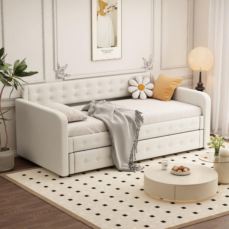 Gutent Slaapbank (Zonder matras) 90*200 cm Dagbed met onderschuifbed Extra opbergruimte Lichtbeige