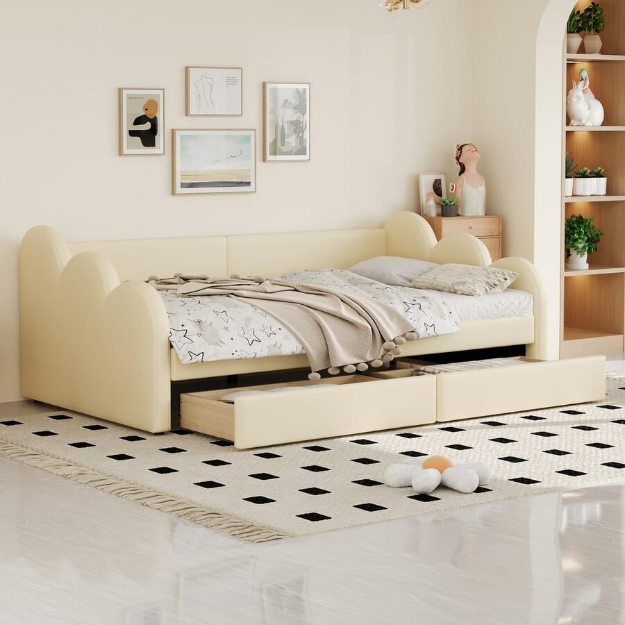 Gutent Slaapbank (Zonder matras) 90*200 cm met Rugleuning en Armleuningen met 2 laden kunstlederen stof kinderbed Beige