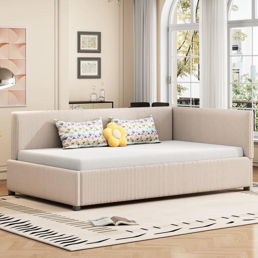 Gutent Slaapbank (Zonder matras) 90*200cm met Lattenbodem Fluwelen stof Beige