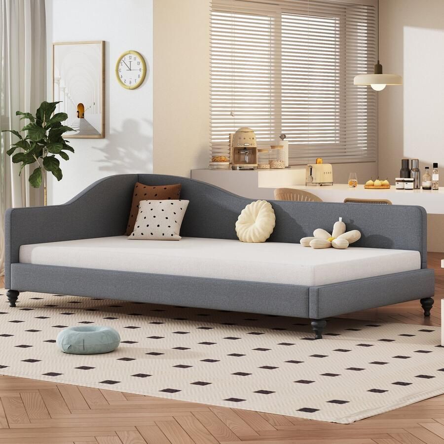 Gutent Slaapbank (Zonder matras) 90*200cm Multifunctioneel bed met lattenbodem en huidvriendelijke linnenstof Grijs