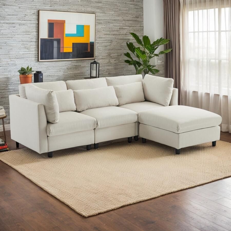 Gutent Sofa Gestoffeerde meubels-Triple bank-met-poef-L-vormige hoekbank-Beige