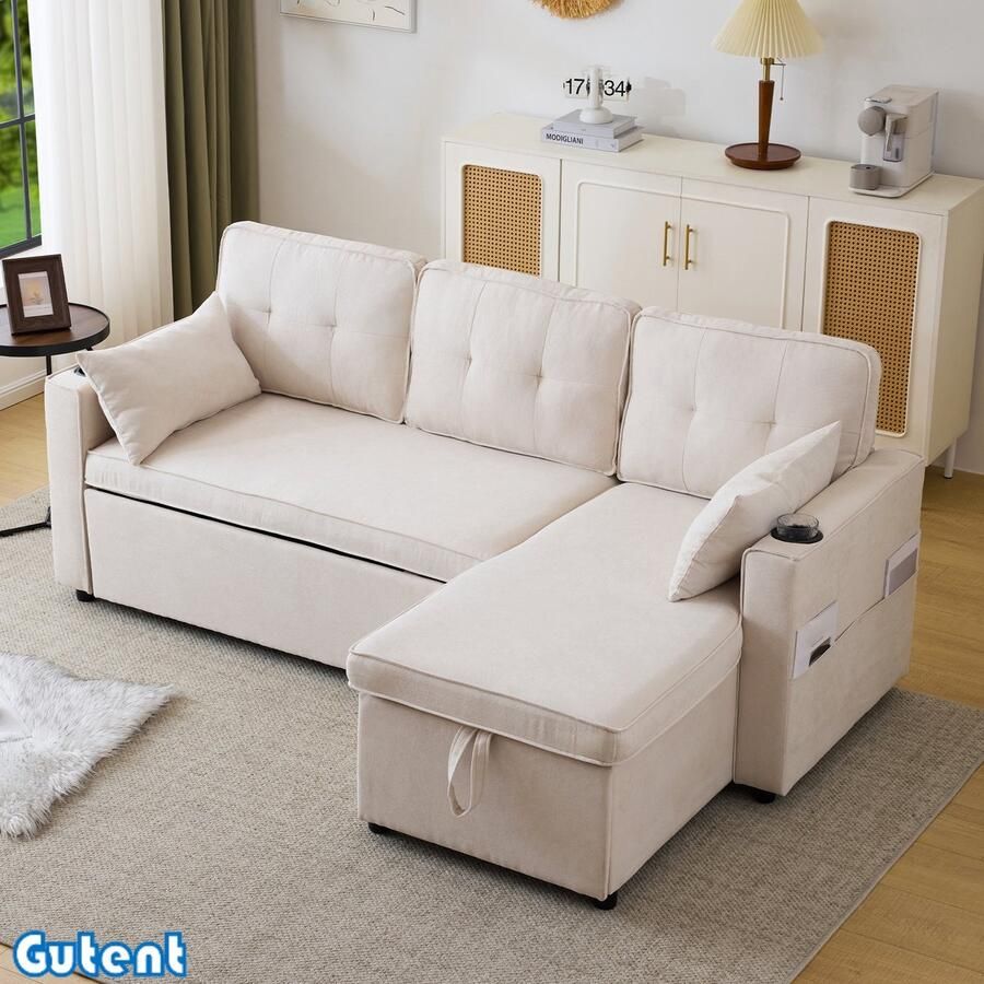 Gutent Sofa L-vormige bank met slaapfunctie Gestoffeerd meubel Met opbergruimte Met bekerhouder Uitwisselbaar links en rechts Beige