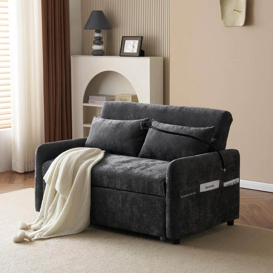 Gutent Sofa Slaapbank voor twee personen met slaapfunctie Verstelbare rugleuning Houder voor mobiele telefoon USB-oplaadpoort Grijs