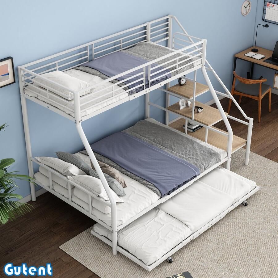 Gutent Stapelbed-90*200 cm-Metalen bedframe-met uitschuifbed-bergingstrap-Wit-Geen matras