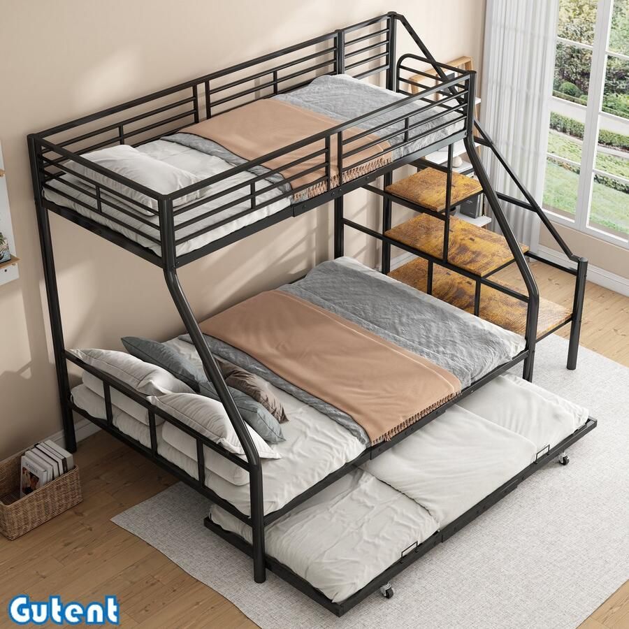 Gutent Stapelbed-90*200 cm-Metalen bedframe-met uitschuifbed-bergingstrap-Zwart-Geen matras