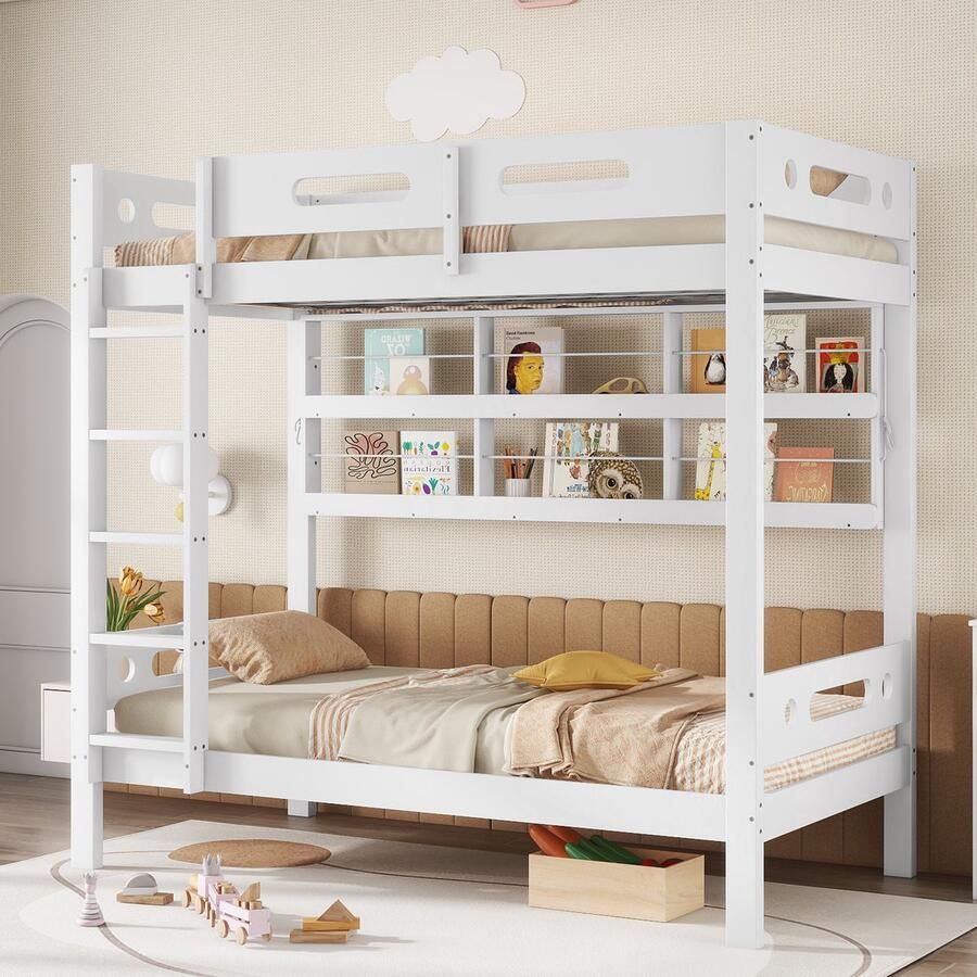Gutent Stapelbed Kinderbed met relingen Open schappen 5 treden ladder Den + MDF Wit 90x200 cm Zonder matras