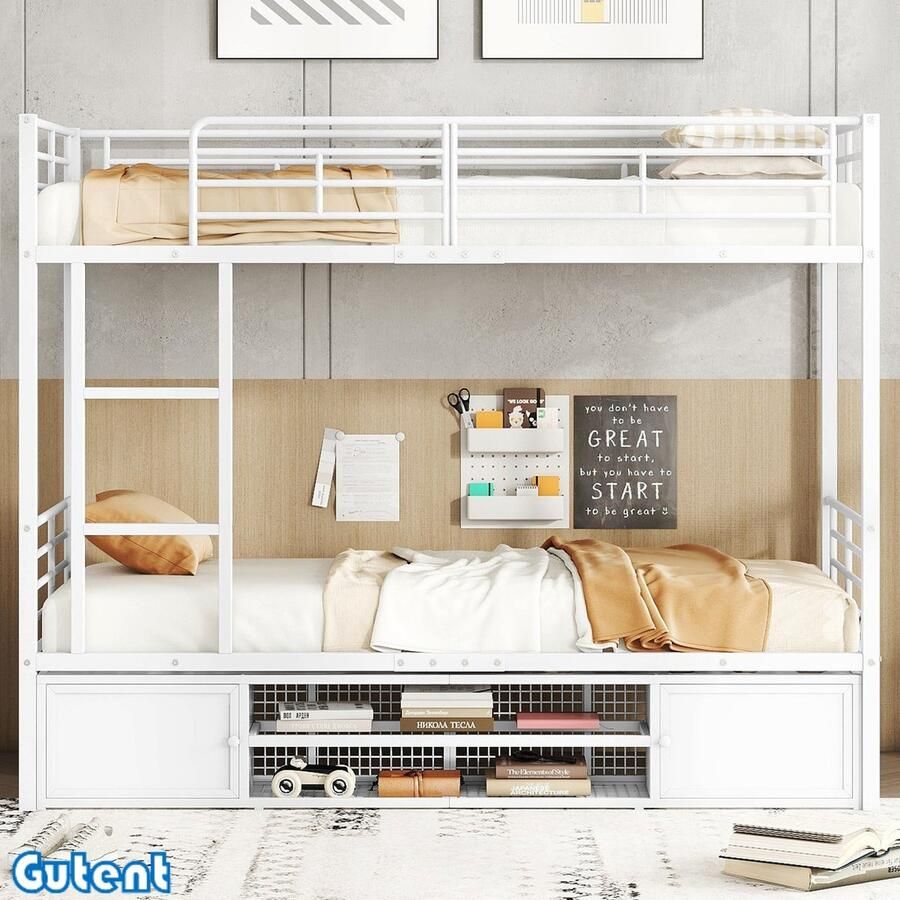 Gutent Stapelbed met ijzeren frame Open schoenenkast Opbergkast Met zijladder Wit 90x200cm Zonder Matras