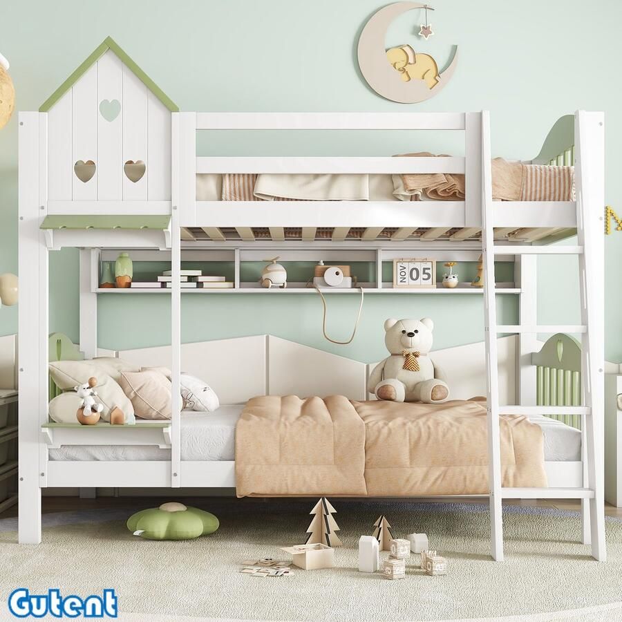 Gutent Stapelbed met relingen met dak en raam open planken met vier treden ladder massief houten frame grenen + MDF Wit + Groen 90x200cm Zonder matras