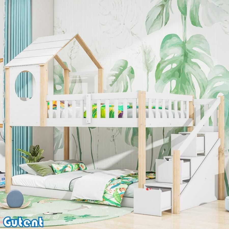 Gutent Stapelbed voor kinderen Huiselijk ontwerp Opbergvak Grenen 90 x 200 cm Zonder matras Natuurlijk + Wit