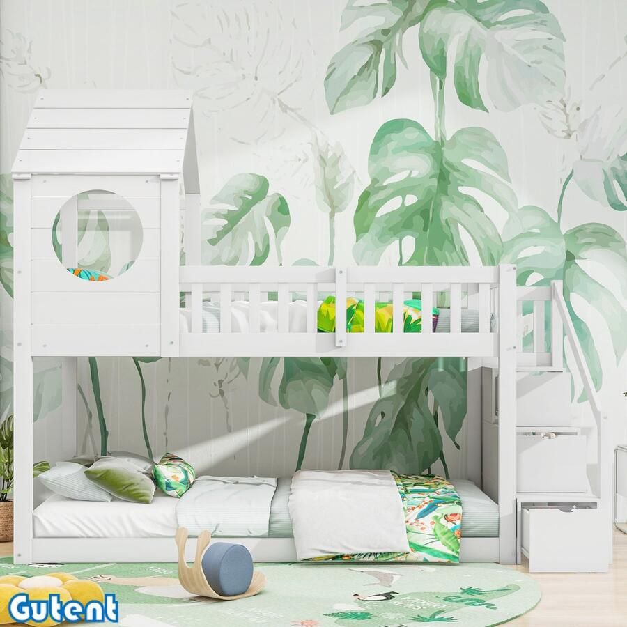 Gutent Stapelbed voor kinderen Huiselijk ontwerp Opbergvak Grenen 90 x 200 cm Zonder matras Wit