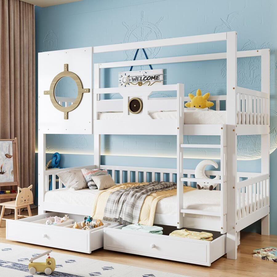 Sweiko Stapelbed kinderbed met dak en raam met valbeveiliging stevig hekwerk twee laden met wielen veel opbergruimte grenen+MDF wit+natuur 90x200cm