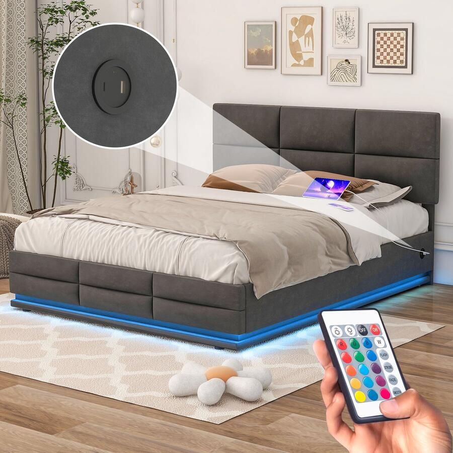 Gutent Sweiko Gestoffeerd tweepersoonsbed fluwelen huidvriendelijke stof hydraulisch ruimtebesparend groot opbergbed met LED-verlichting en USB-oplader 160x200cm grijs