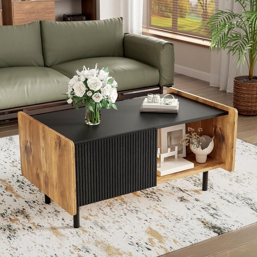 Gutent Tafel Salontafel Kleurstelling Zwart en Hout twee open vakken twee deuren