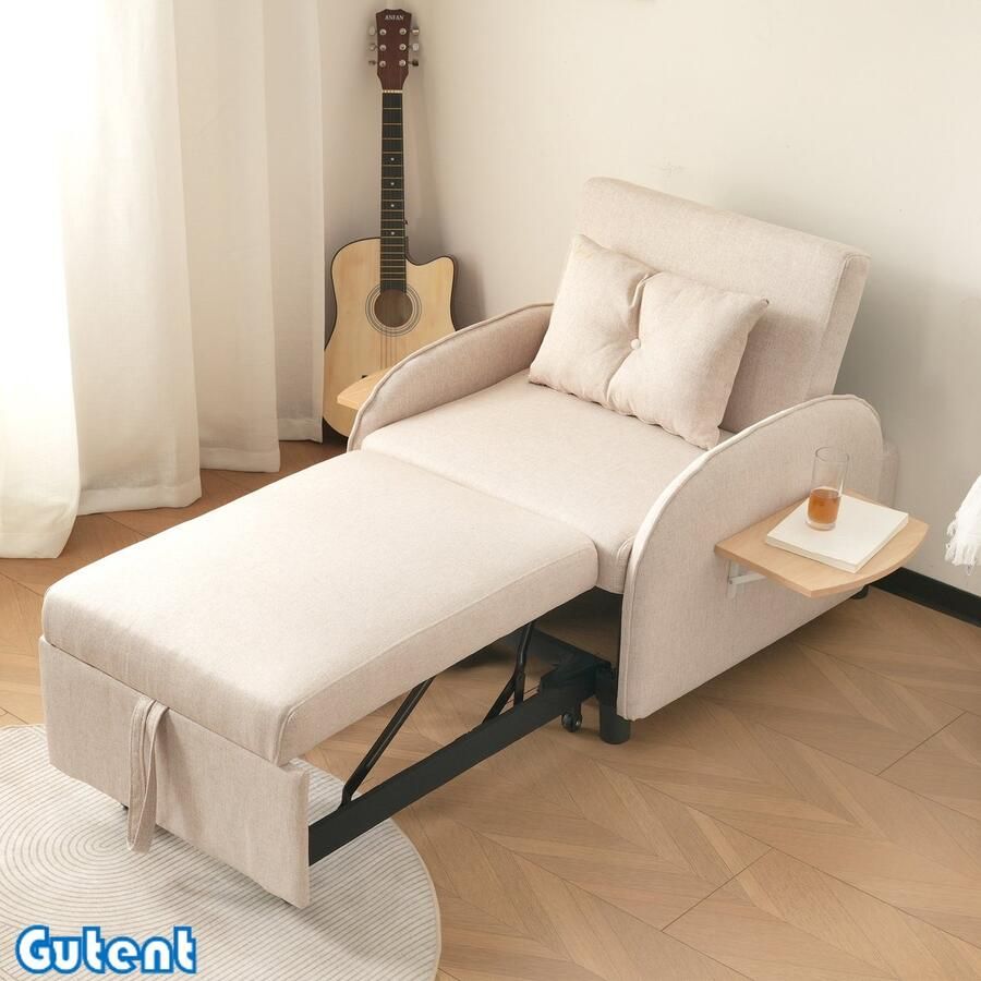 Gutent Telescopisch Eenpersoons Slaapbank Drievoudig Verstelbaar Met Uitklapbare Salontafel 123 (73) x 167 x 78 cm Beige