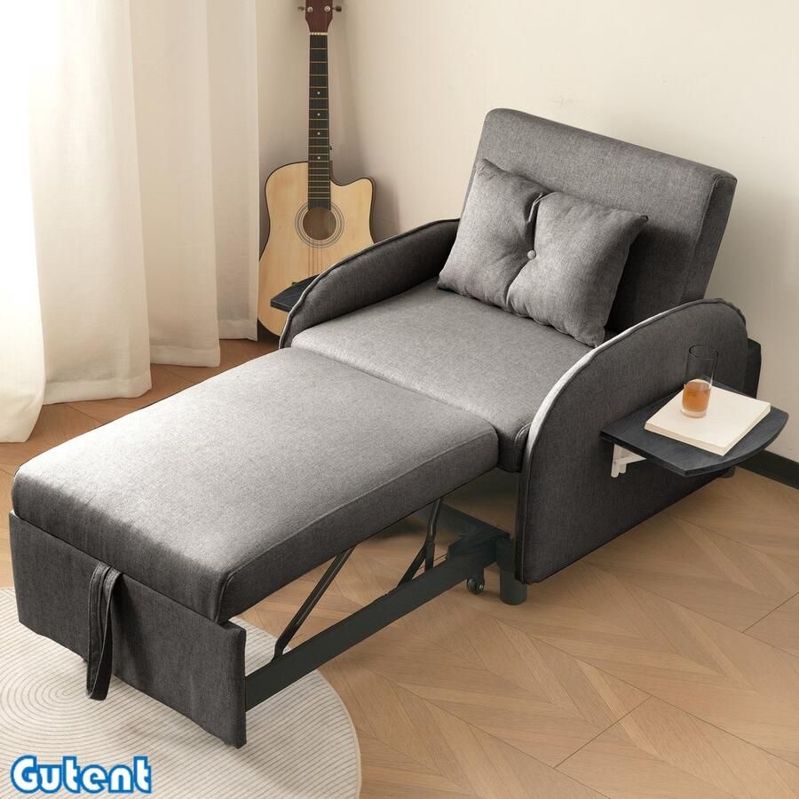 Gutent Telescopisch Eenpersoons Slaapbank Drievoudig Verstelbaar Met Uitklapbare Salontafel 123 (73) x 167 x 78 cm Antiek donkergrijs