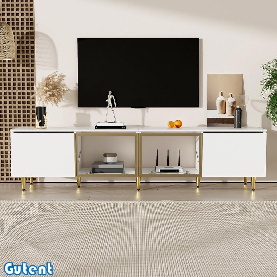 Gutent TV kast -170cm Minimalistische stijl -4 deuren (2 glazen deuren) Wit
