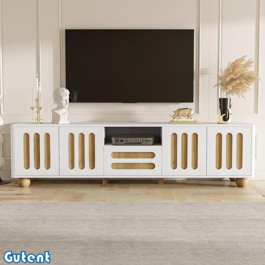 Gutent TV-kast 180x40x47 cm Wit en houtlook Met 4 deuren 1 lade LED-verlichting Bolvormige poten