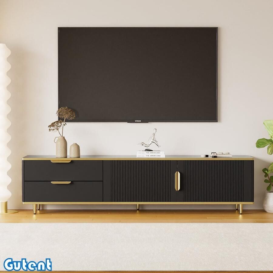 Gutent TV-kast Laag kabinet Gesneden structuur Gouden handgrepen en poten Zwart