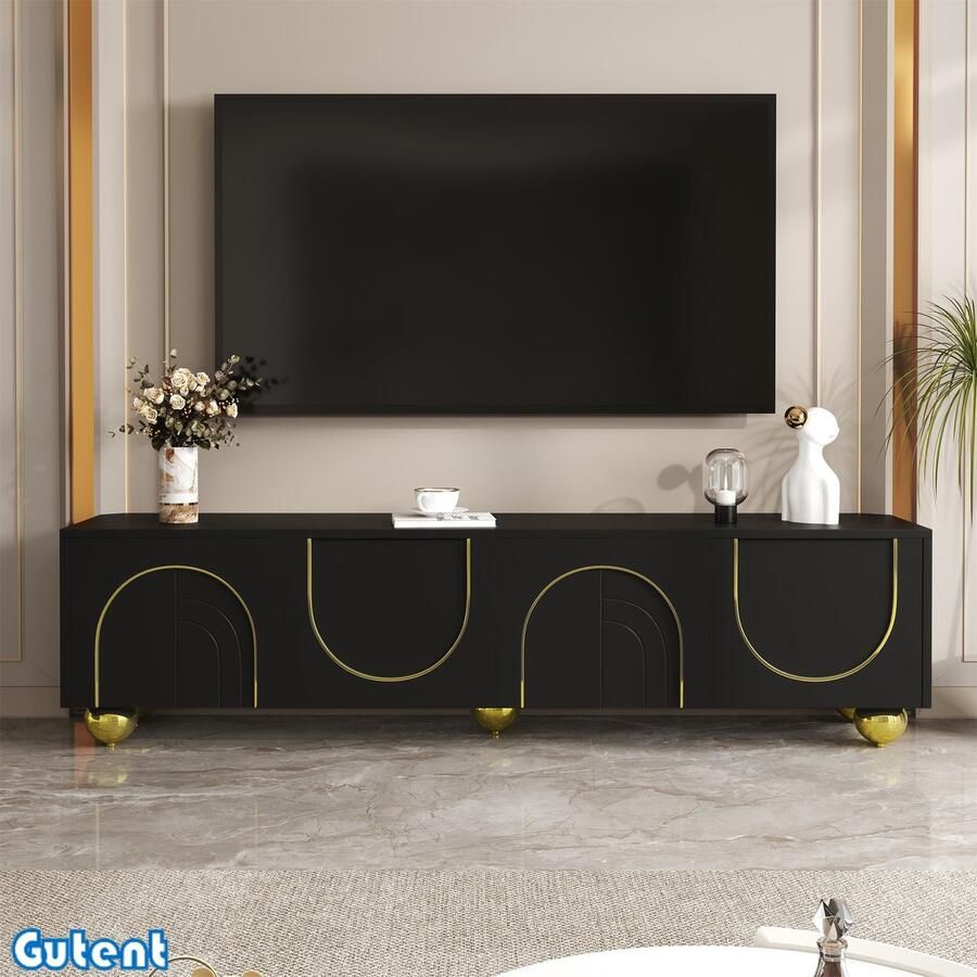 Gutent TV-kast Laag kastje Getextureerde deuren Gouden afwerking Gouden ronde poten Inclusief legplank Push To Open Zwart