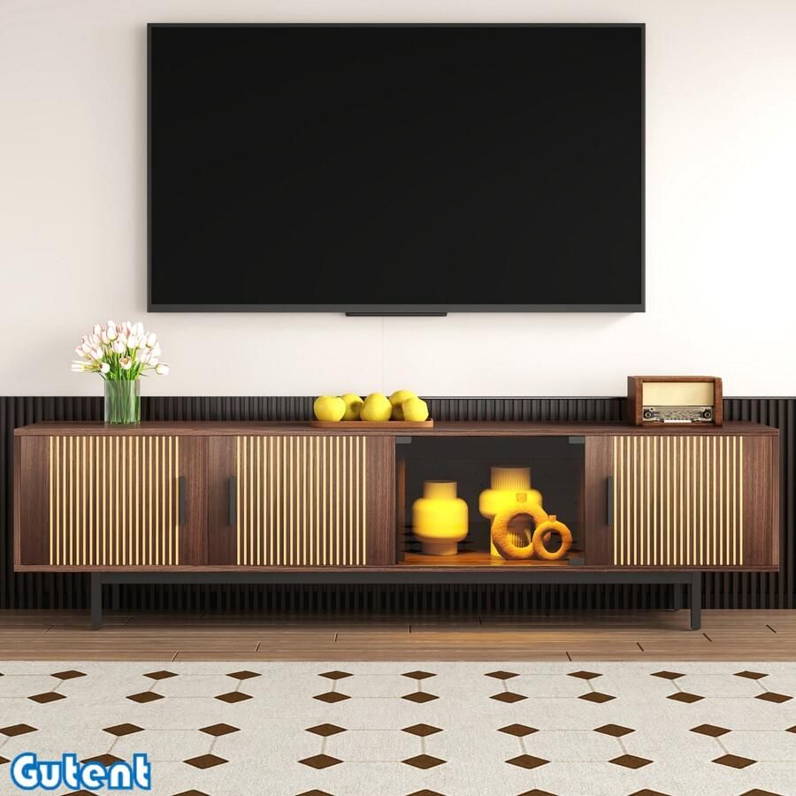 Gutent TV-kast Met gebeeldhouwde textuur Met LED-strip verlichting Deur van gehard glas Bruin
