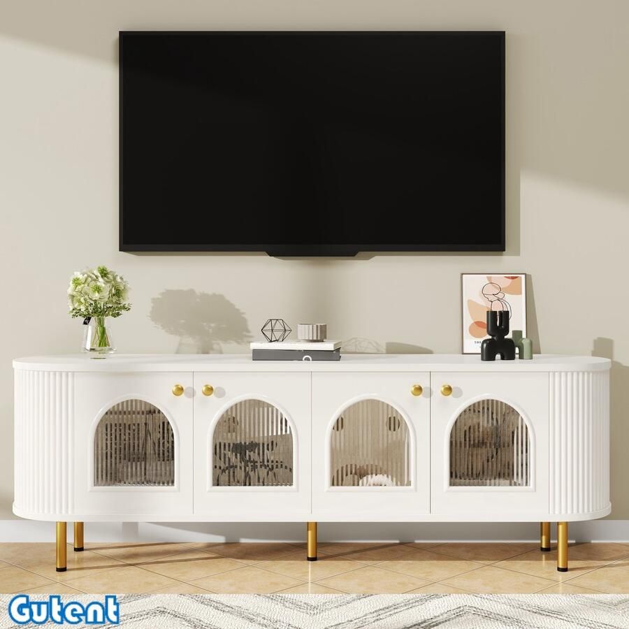 Gutent TV-kast Met glazen deur Opbergruimte Gouden handgrepen en pootjes Wit