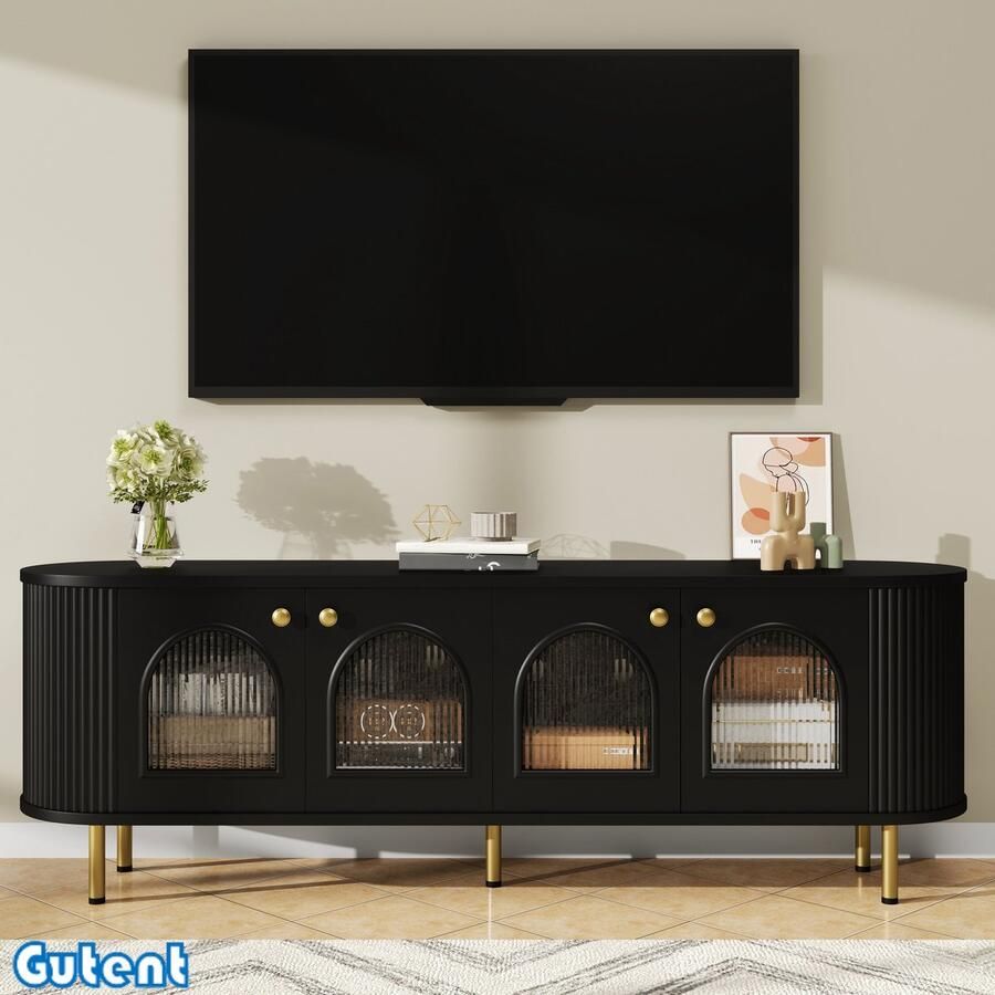 Gutent TV-kast Met glazen deur Opbergruimte Gouden handgrepen en pootjes Zwart