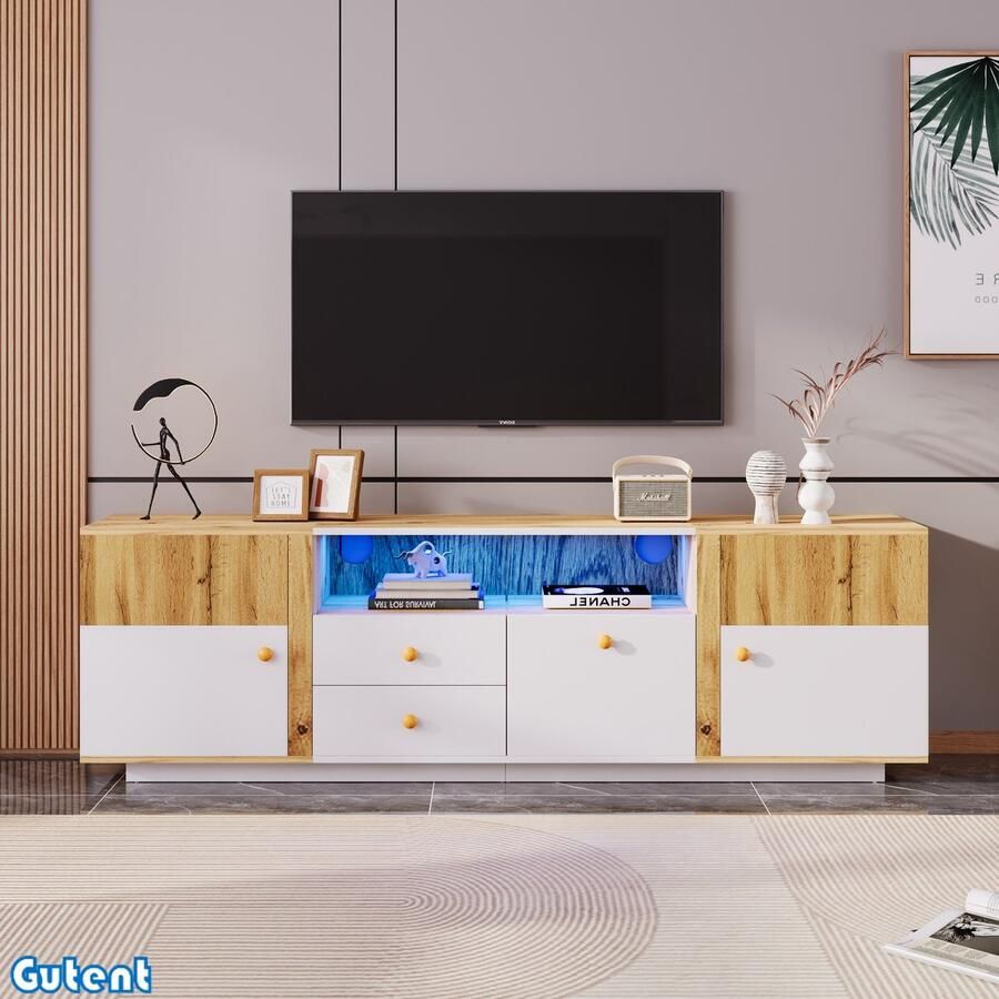 Gutent TV-kast met LED-verlichting Glazen scheiding met lade Houten Wit