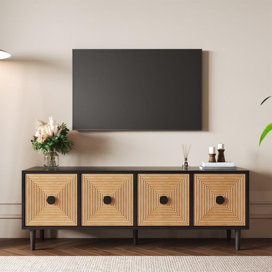 Gutent TV-meubel 150 x 38 x 55 cm Lage bamboe kast met opbergruimte Zwart modern ontwerp