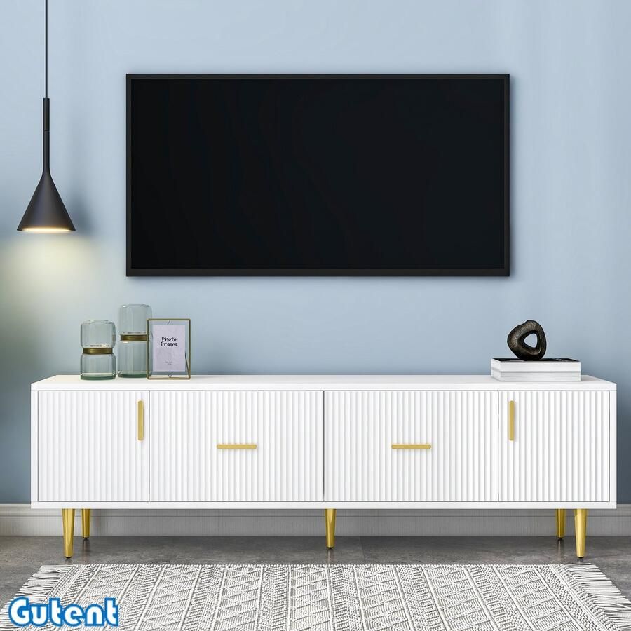 Gutent TV-meubel 170cm lang Wit Geschikt voor 70 inch TV Gouden handgrepen Stijlvol ontwerp met verticale strepen 2 deuren 2 lades Stille scharnieren