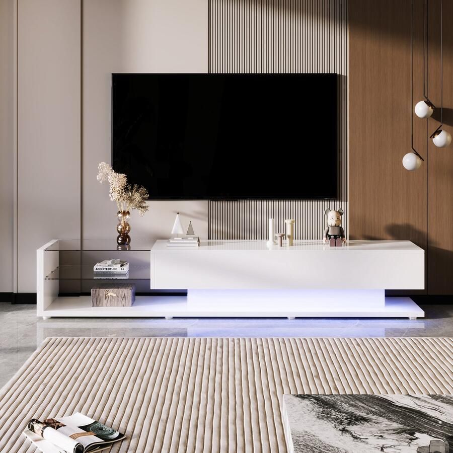 YJZQ Hoogglans Lowboard TV-kasten witte glazen wanden en variabele LED-verlichting modern design TV-kast Wit 170x36x38cm